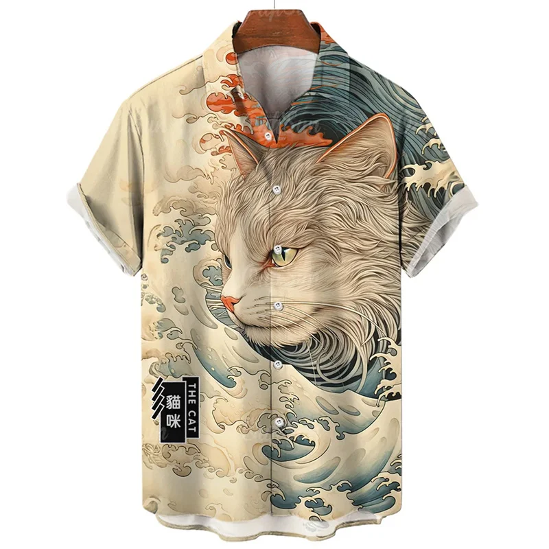 Men\'s Shirt Japanese Cat 3D Print Men\'s Clothing 2024 Summer New Casual Hawaii Beach Hawaiian Harajuku Fashion Holiday Shirt