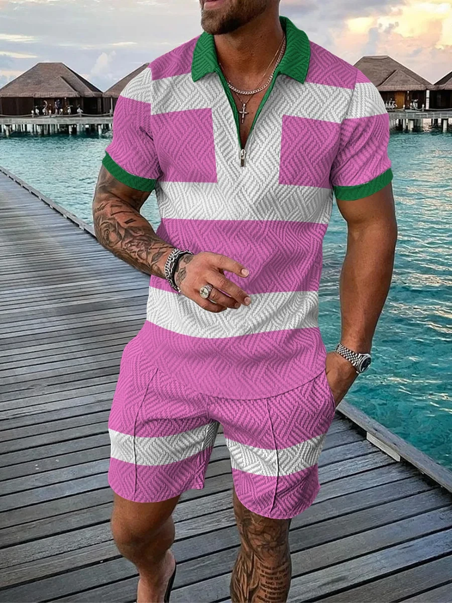 Vintage Patchwork Striped Polo Set 3D Print Polo shirt 2pcs Set Zipper Sets Collar+Shorts Hawaii Holiday Style Man Clothes