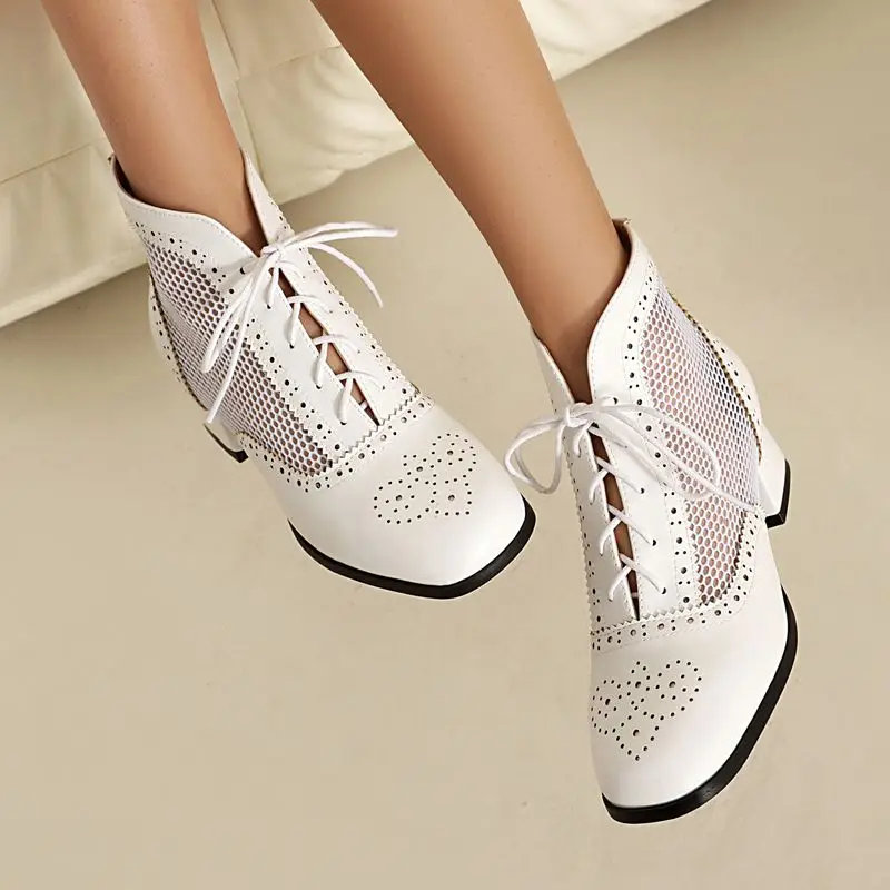 

Girseaby винтажные женские летние ботинки с квадратным носком на блочном каблуке 3,8 см, модные повседневные ботильоны с дышащей сеткой на шнуровке 41, 42, 43