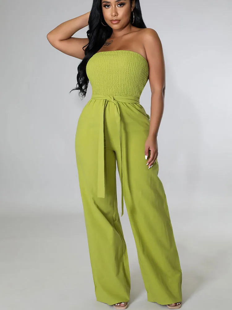 

Solid Ruched Casual Jumpsuits for Women Sleeveless Backless Strapless Night Club Wide Leg Rompers Womens Jumpsuit Streetwear