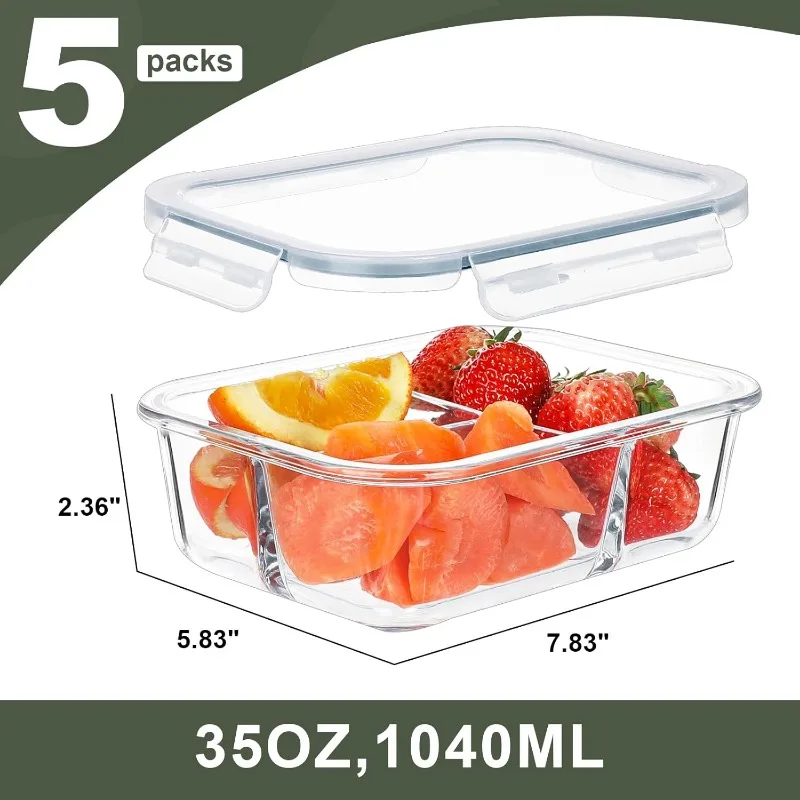 5 Pack 35 Oz Glass Meal Prep Containers 3 Compartments, Glass Food Storage Containers with Lids, Airtight Bento Box Lunch