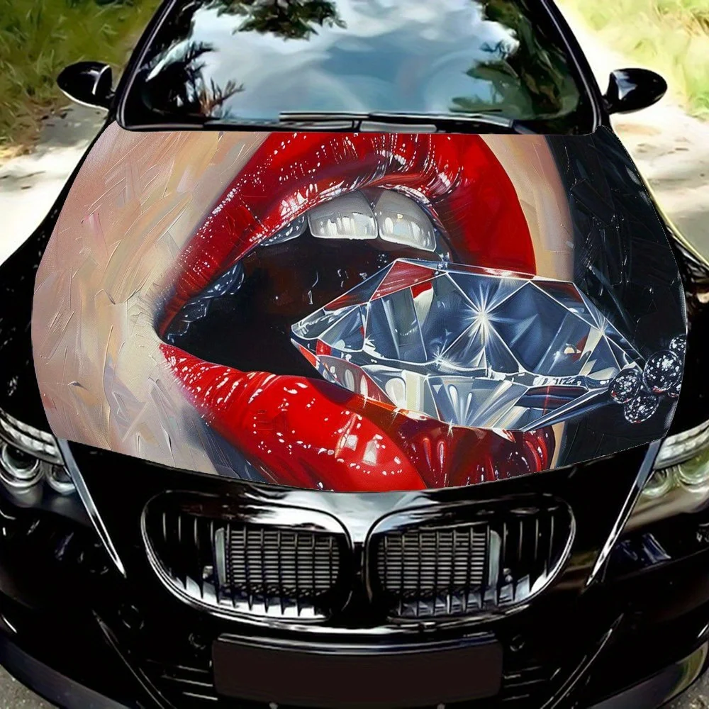 

Blazing Red Lips Diamond Print car hood stickers, waterproof self-adhesive, scratch resistant, easy to stick, durable car PVC st