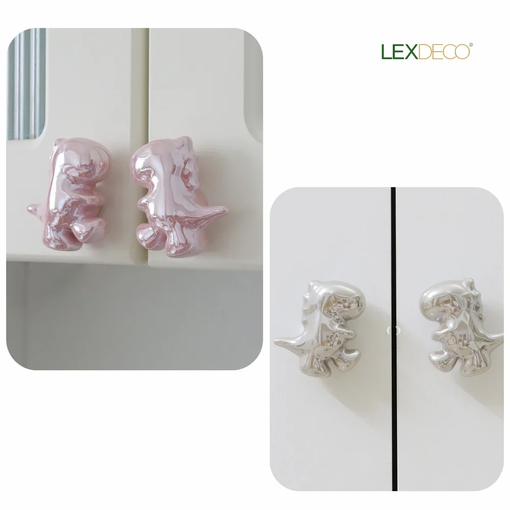 2er-Pack Dinosaurier-Keramikknöpfe – glatte Cartoon-Griffe in 3 Farben (Rosa/Weiß/Klar) – LEXDECO