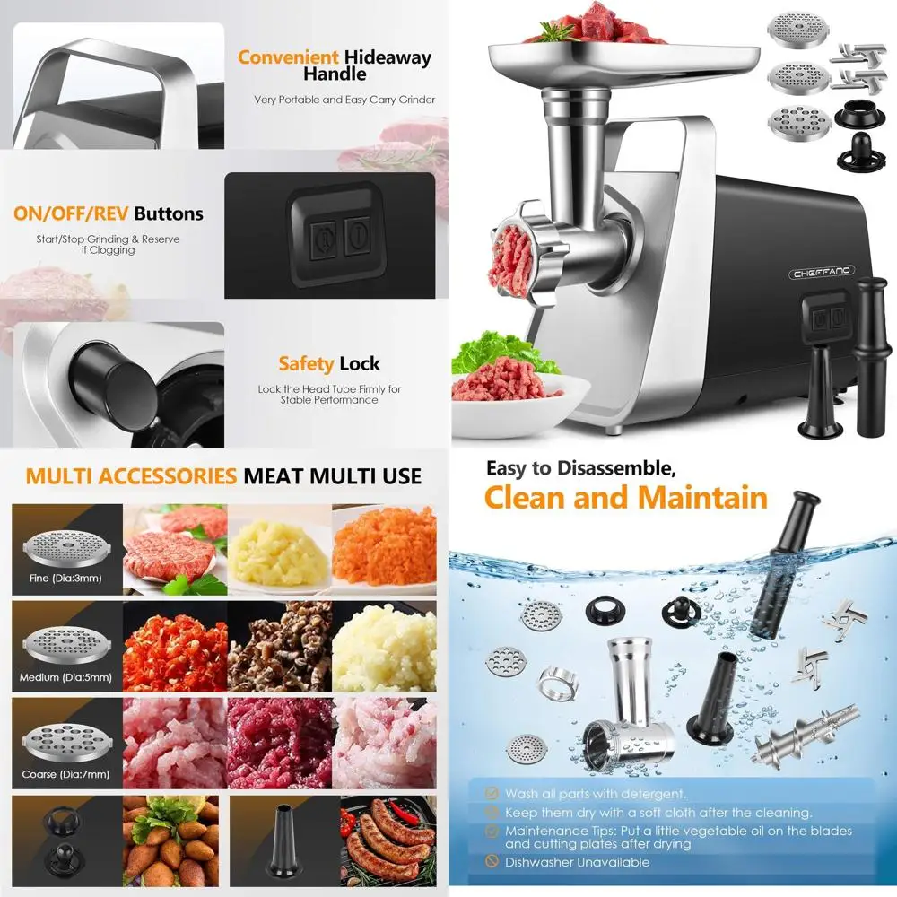 

350W Powerful Electric Meat Grinder with 2 Blades & 3 Plates, Sausage Maker & Kubbe Kit for Home Use