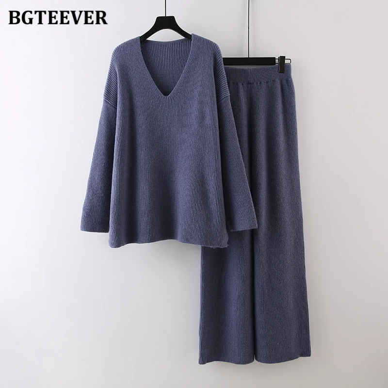 

BGTEEVER Autumn Winter Women Knitted Suits V-neck Split Sweaters Female Knitting Trousers Ladies 3 Pieces Warmer Set