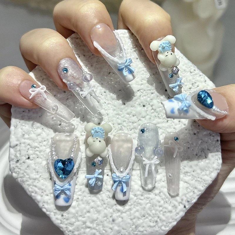 귀여운 3D 블루 베이비 베어 프랑스 핸드메이드 프레스온 네일 카와이 인형 롱 네일 아트 보우 펄 하트 글리터 네일 아트 소녀 선물