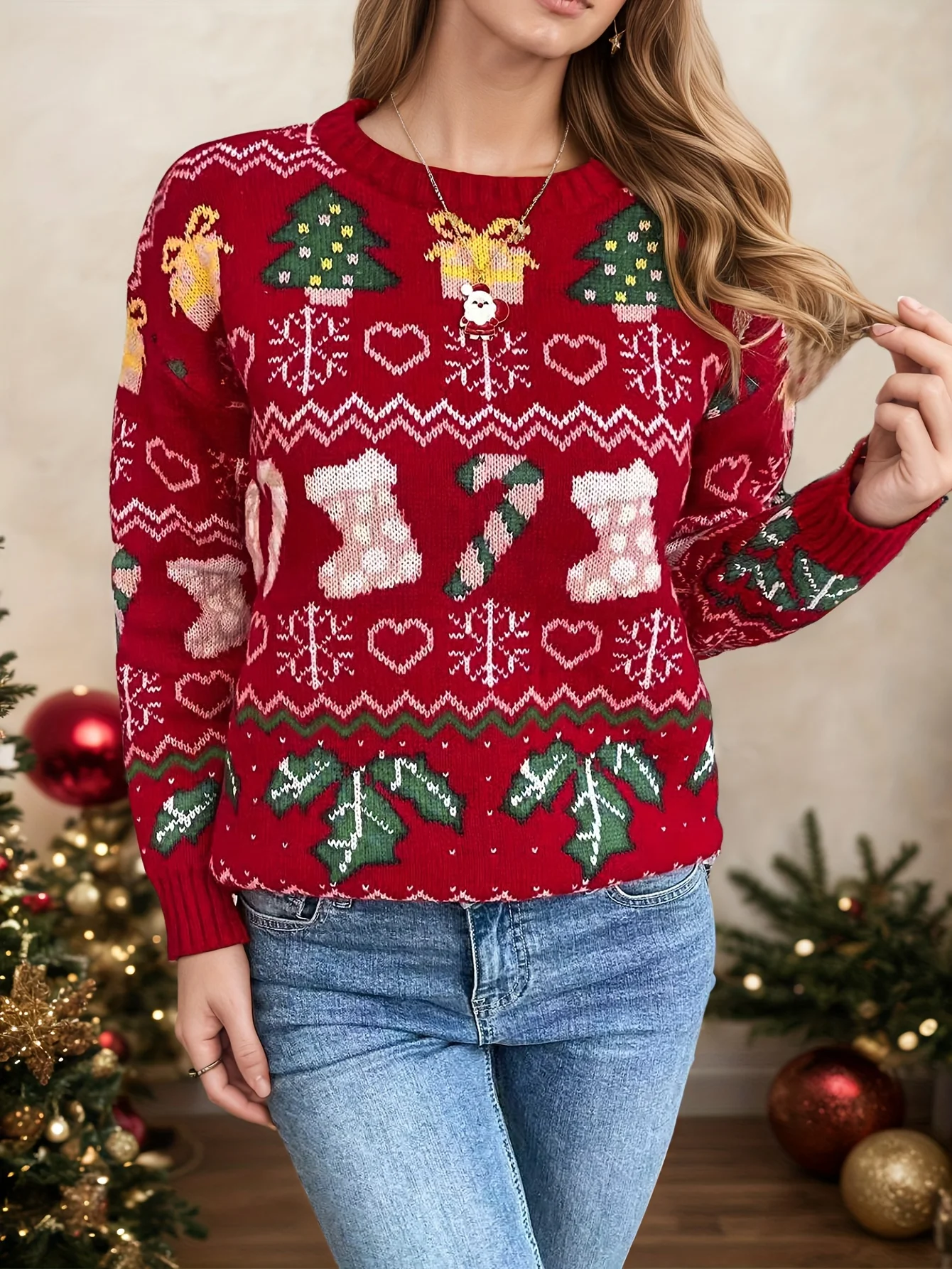 

Ladies' long-sleeved slim-fit round-neck Christmas tree, gift box and snowflake heart-shaped pattern holiday casual wear.