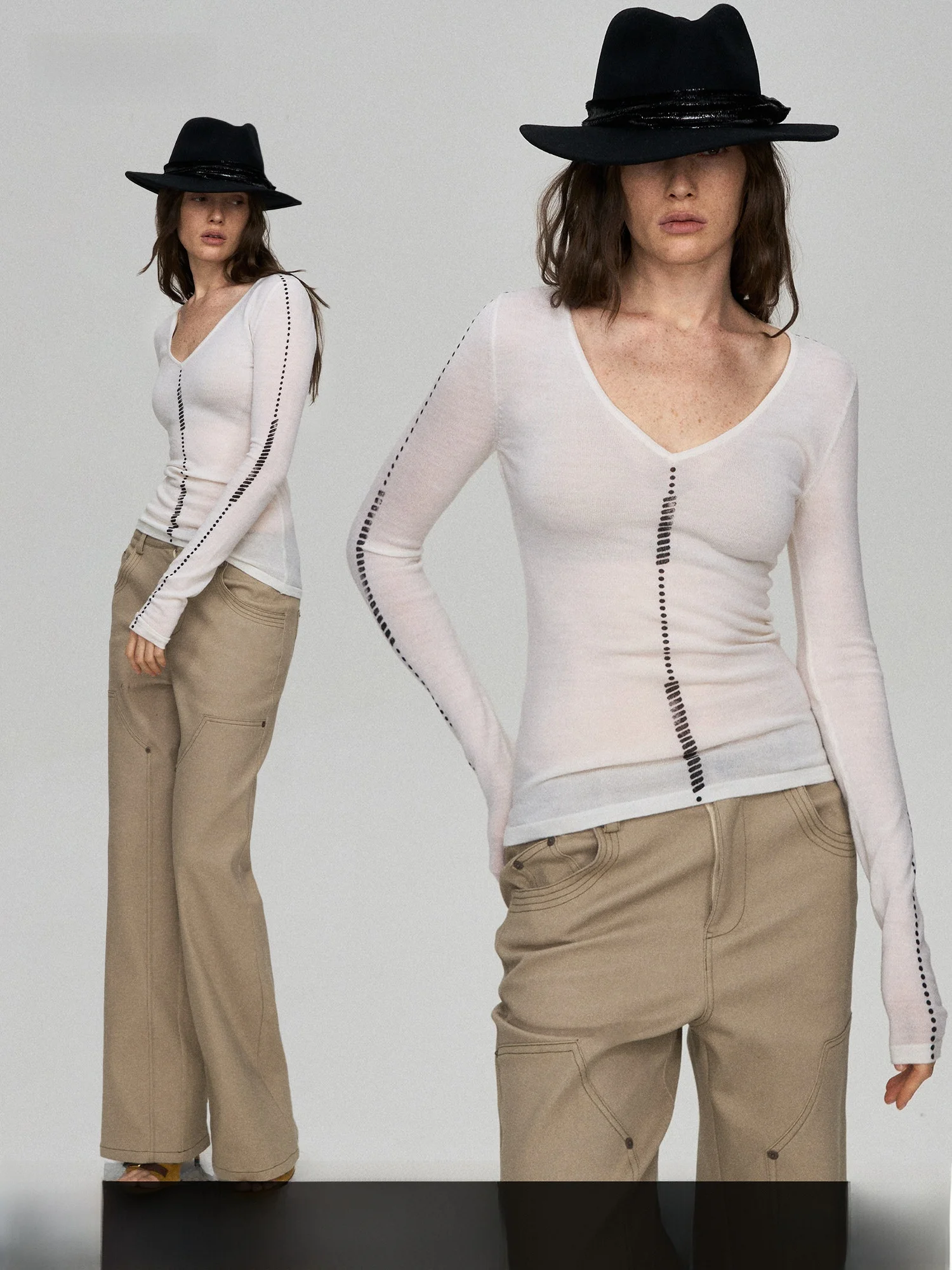 

PRRP 00 Wool Long Sve Printed Base irt Slim Fit Faionable Tattoo Line Micro Transparency Women's Knitted Top