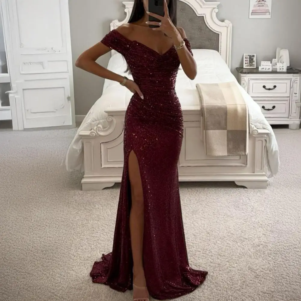 فستان حفلات مزين بالترتر فستان رسمي أنيق للحفلات الراقصة مع فتحة مكشوفة الكتف للنساء سباركلي للحفلات
