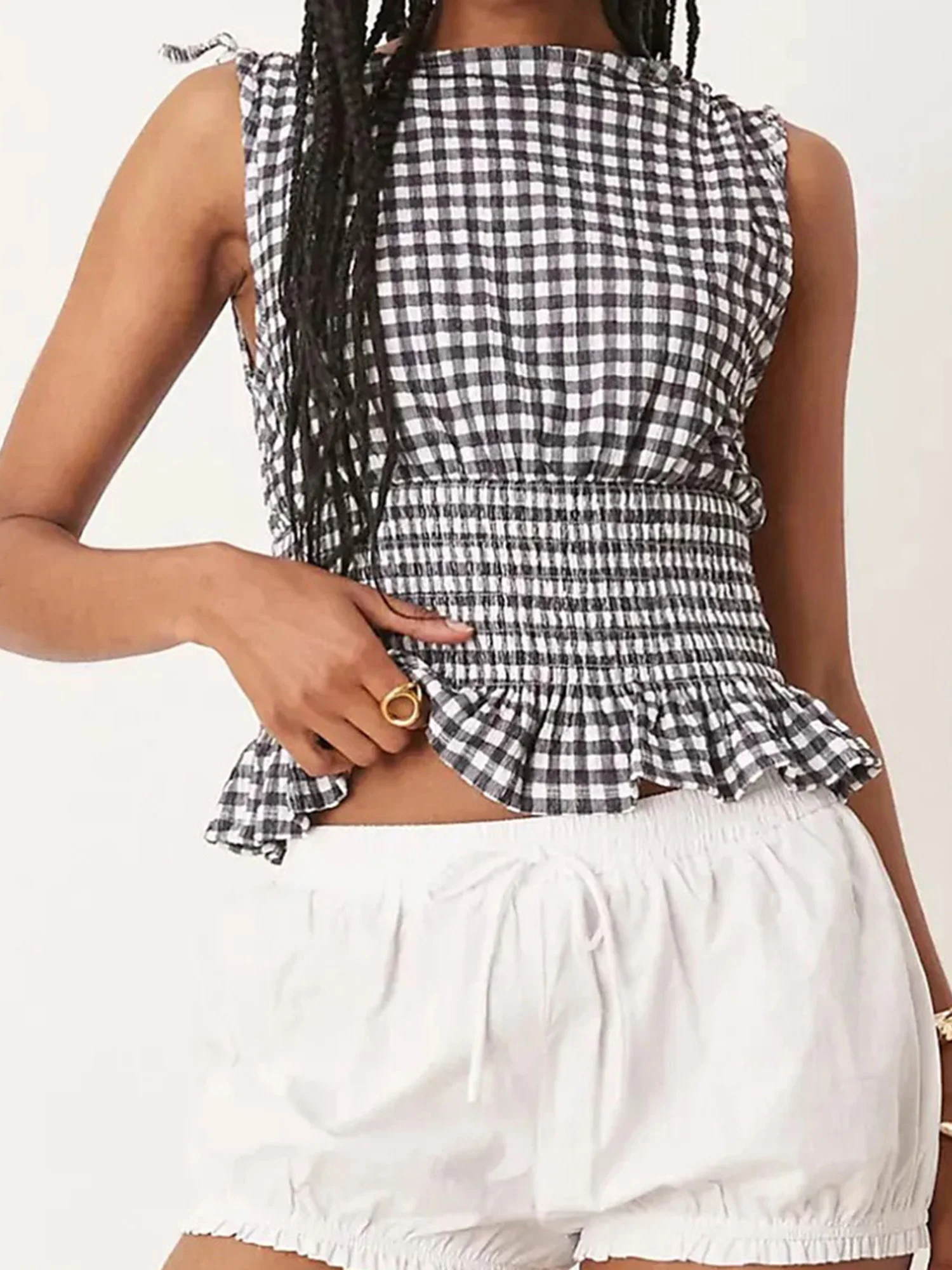 Camiseta sin mangas a cuadros para mujer con cintura fruncida y dobladillo con volantes Chaleco de verano elegante para un look ajustado