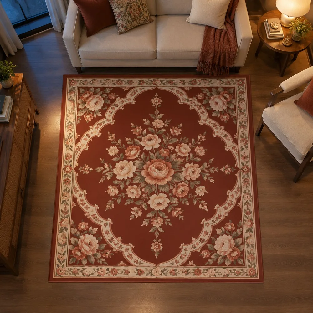 VIKAMA Living Room Rug Burgundy Moroccan Hand Drawn Floral Medallion Elegant Foldable Fireplace Side Table Bedroom Room Decor