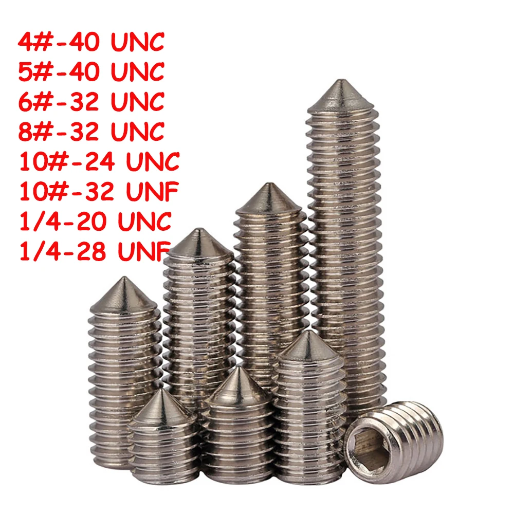 

Yiqianyuan 4# 5# 6# 8# 10# 1/4'' UNC UNF DIN914 Stainless Steel Hex Socket Set Screws DIN914 Cone Point Headless Grub Screws