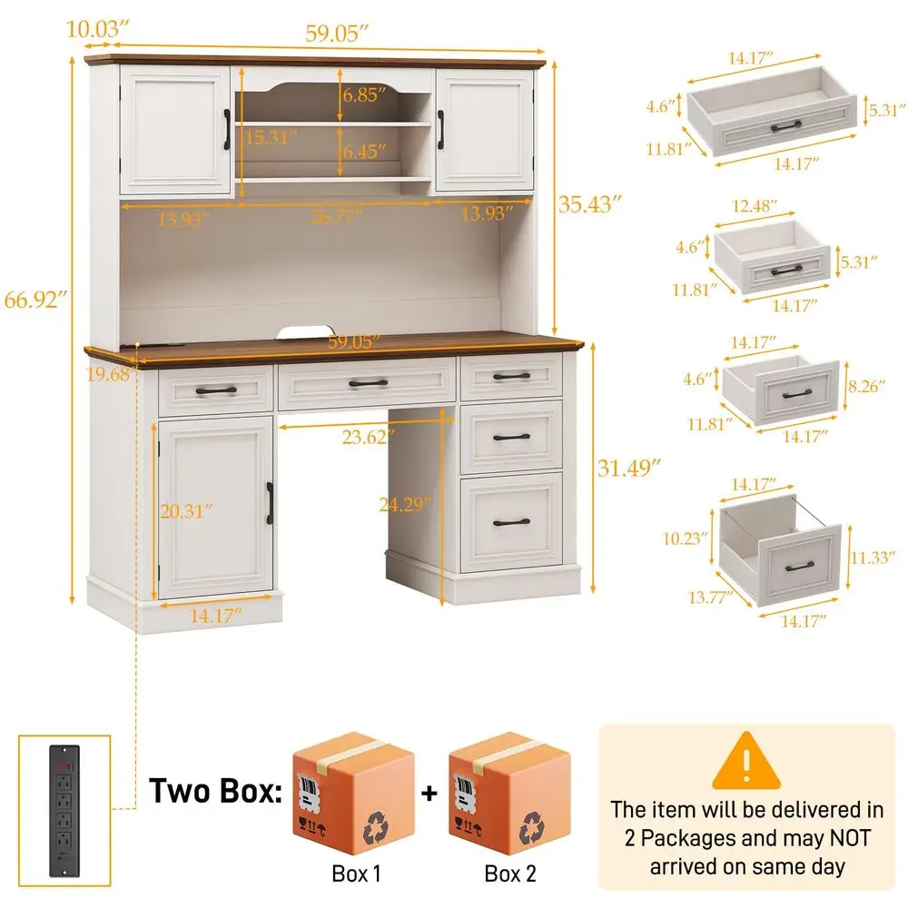 

67 H Farmhouse Executive Desk with Hutch.Wood Workstation with 5 Drawers,Storage Cabinet,File Drawers and Charging Station, Ide