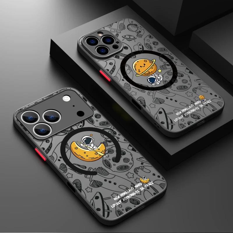 Magnetische Mond-Astronauten-Handyhülle für iPhone Air 16e 17 16 15 Pro Max 14 13 12 Pro 11 16 15 Plus, stoßfeste, matte Acryl-Abdeckung