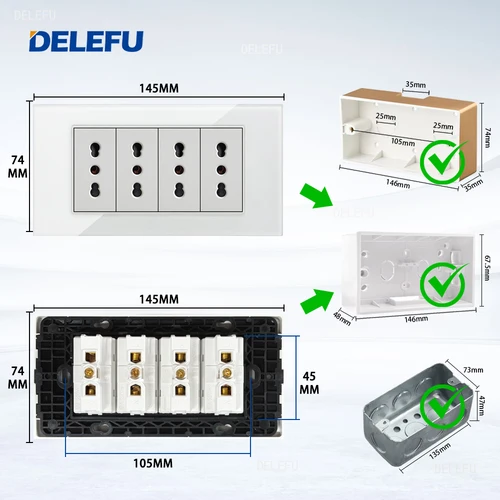 Imagen 2 del producto DELEFU Panel de vidrio SC70 145mm blanco italiano estándar USB tipo C interruptor de enchufe de pared de carga rápida TV teléfono CAT5 CAT6