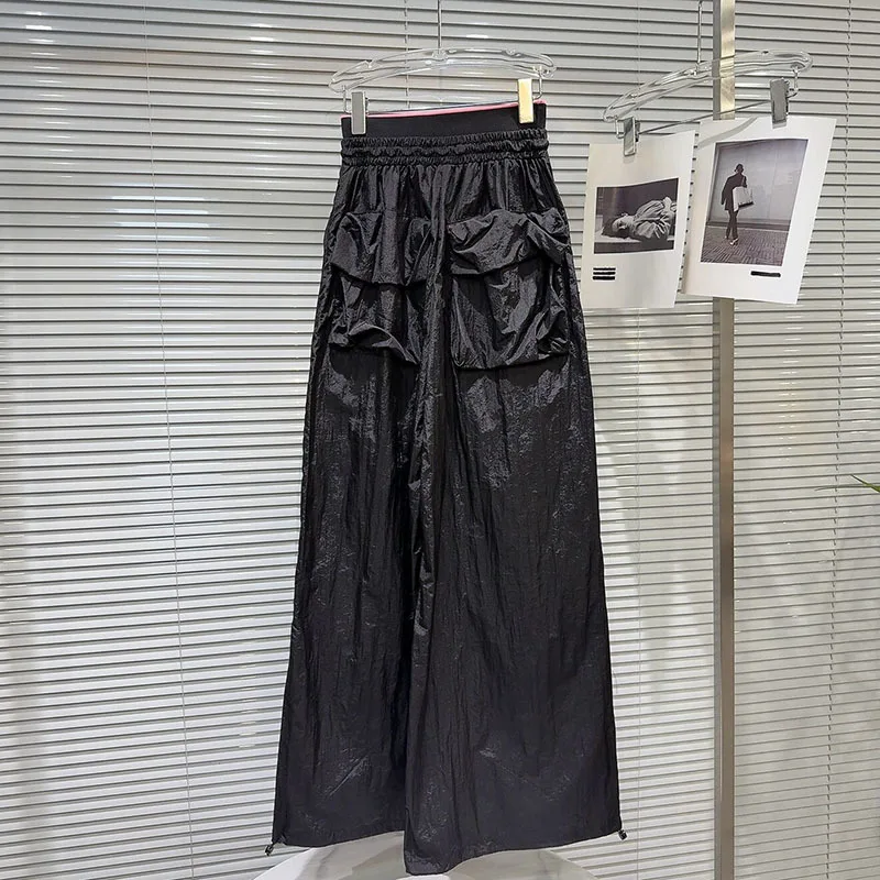 HKSH Women Casual Wide Leg Pants Letter Print Drawstring Elastic Waisted Multi-pocket Chic Hip Hop Streetwear New Spring HK19951