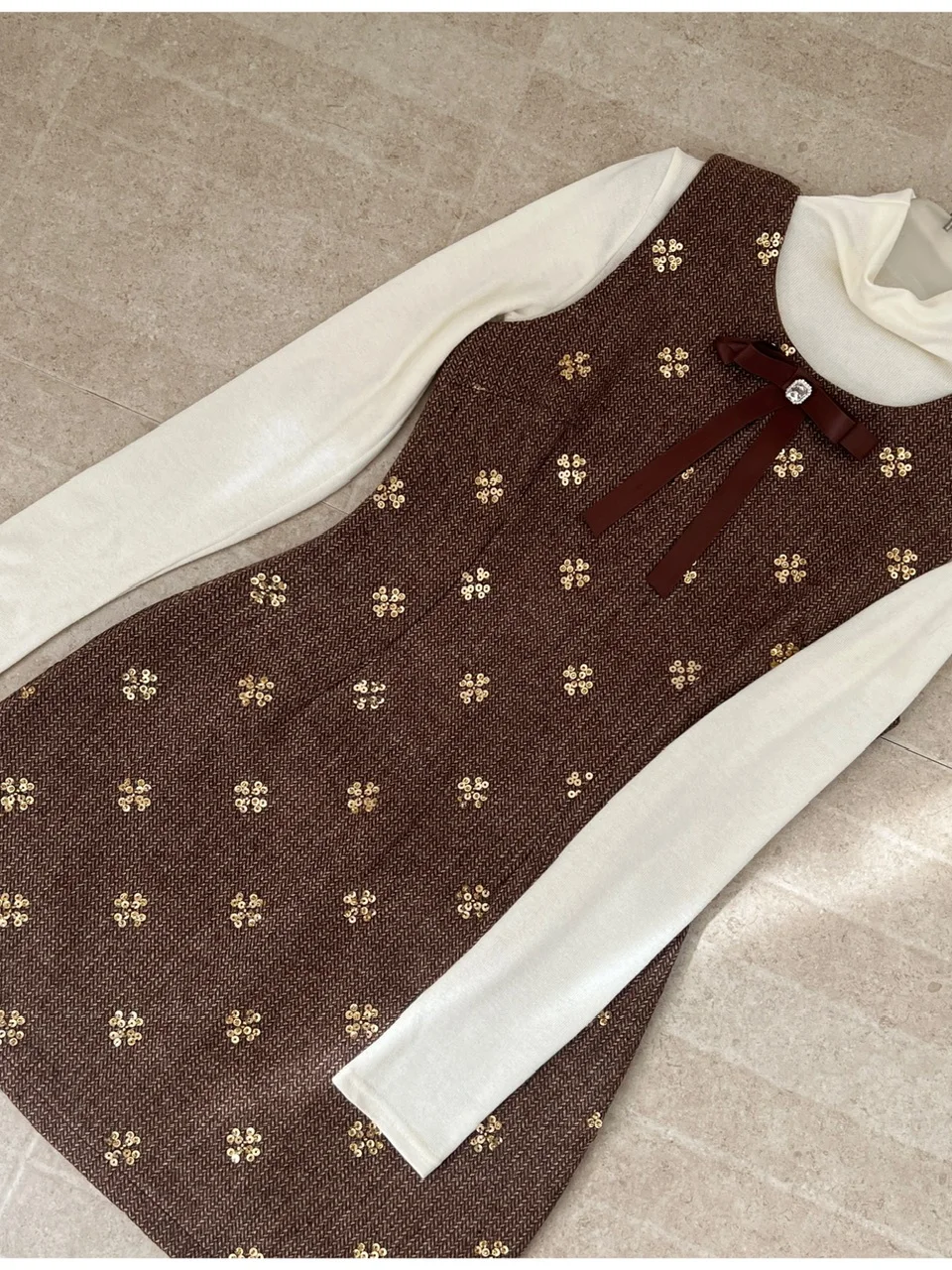 Ele Layered  Knot Vest Dr High Collar Inner irt Faion Set Long Sve Winter Women's Ensemble