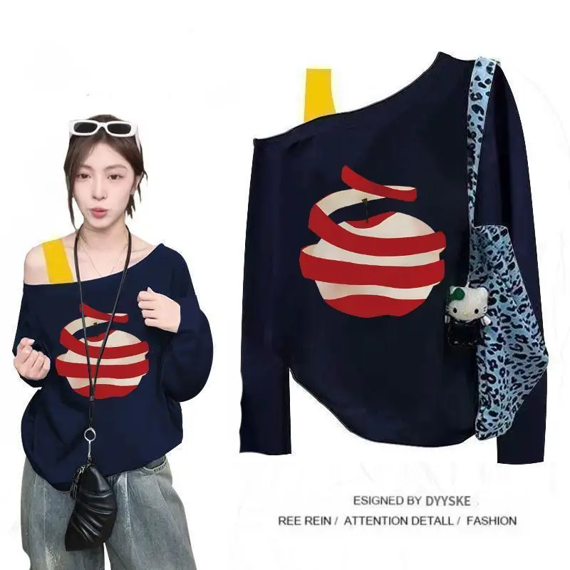 

Трендовые топы с открытыми плечами и контрастным принтом в стиле пэчворк, женская одежда, весенне-осенние молодежные корейские футболки с длинными рукавами, повседневная мода