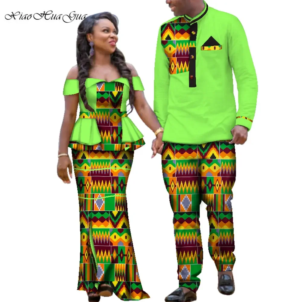 Ankara Wedding 2 Pcs Set African Dashiki Couple Print Clothing for Lovers Men's Shirt and Pant Blazer Women's Party Dress WYQ113