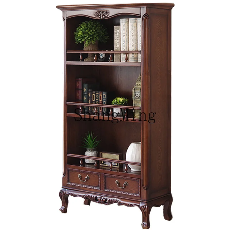 ZYY household retro carved solid wood bookcase light luxury display shelf floor shelf study display
