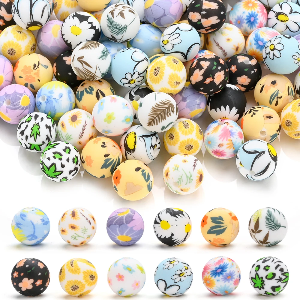 10Pcs Flower Printed Silicone Beads 15mm Floral Round Silicone Beads For Pacifier Chain Holder Clips Jewelry Making DIY