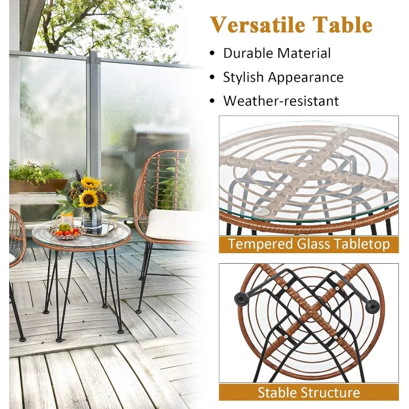 3 Pieces Patio Conversation Bistro Set, Outdoor Wicker Furniture w/Round Tempered Glass Top Table & 2 Rattan Armchairs,