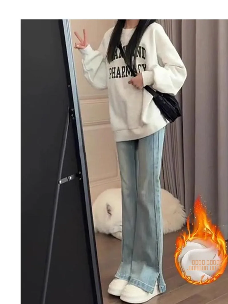 

Джинсы женские с высокой талией, расклешенные, на подкладке, утепленные, зимние, синие, деним, облегающие, с разрезом, повседневные, из смесового хлопка и полиэстера