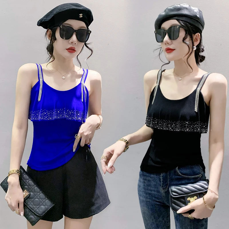 MadBlack Summer European Clothes Tank Tops Female Sexy Shiny Tassel Ruffle Hot Drill Chic Slim Camis Sleeveless Vests T36208JC