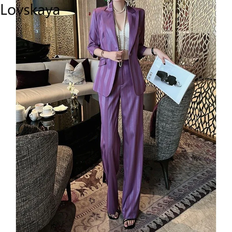 Purple striped suit jacket wide leg pants two-piece set for women professional formal attire summer new waistband