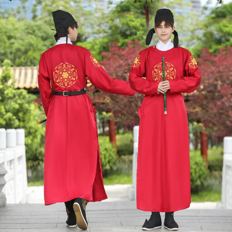 赤い丸首唐王朝漢服男性の伝統的な中国服写真撮影小道具学生ファッション古代スタイルの復活