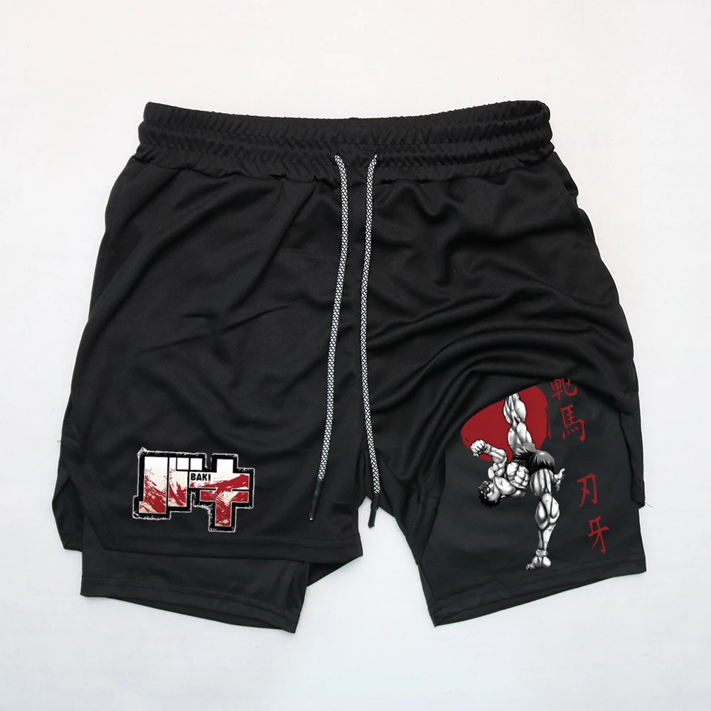 Pantalones cortos de gimnasio para hombre y mujer, Shorts de malla de secado rápido, estampado de Anime Baki Hanma, Manga, 2 en 1