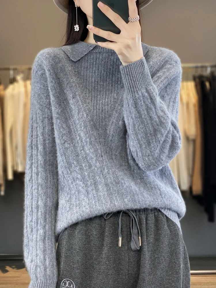 

Autumn Winter Women Pullover Turn-Down Collar Thick Cashmere Sweater 100% Merino Wool Twist Flower Knitwear Raglan Sleeve Top