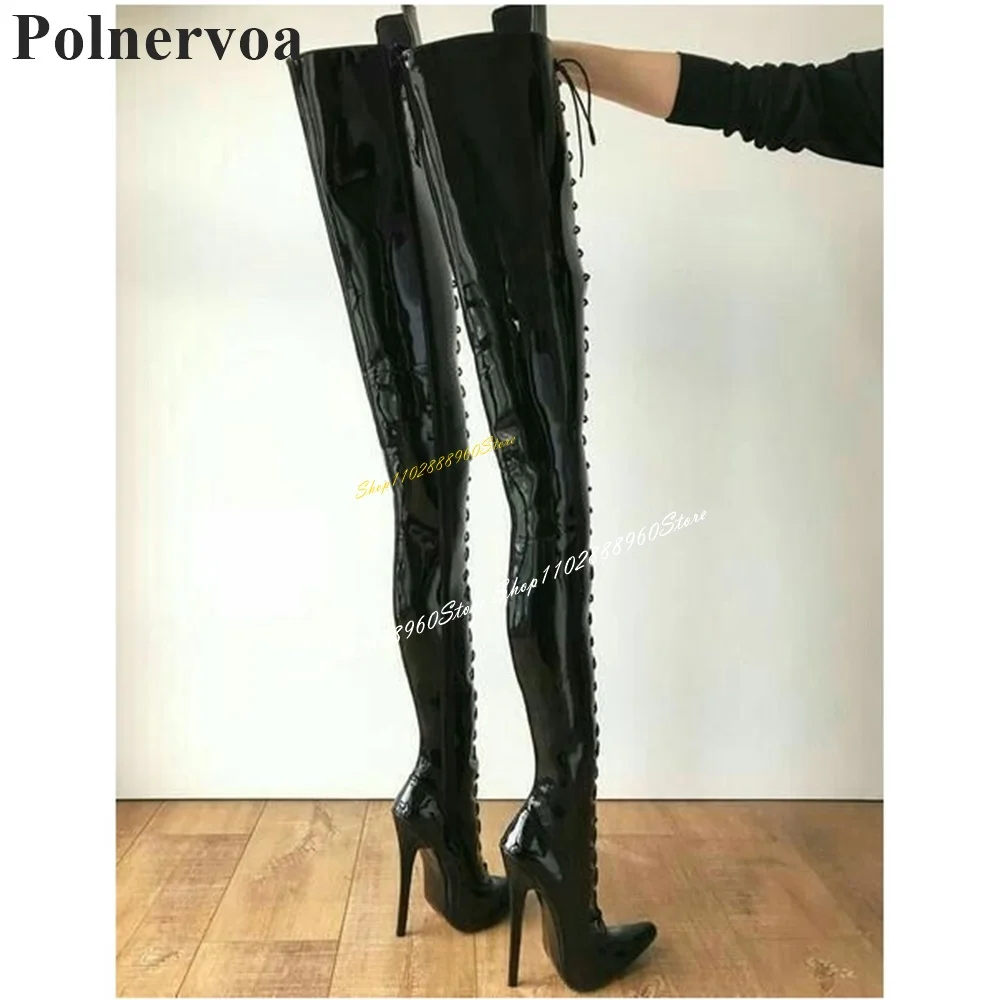 Thigh High Black Matte Leather Cross Tied Boots Stilettos High Heel Women Shoes Sde Zipper Pointed Toe 2024 Zapatos Para Mujere