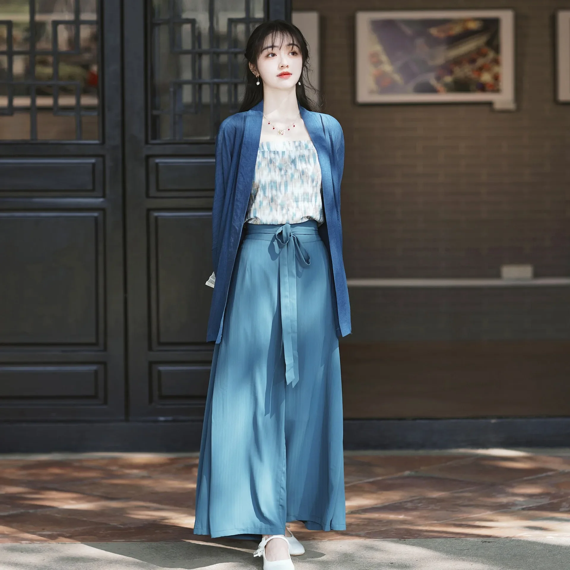 New Chinese Style Improved Hanfu Set Blue Cardigan Suspender Pants Tang Suit Women's Elegant Vintage Classic Traditional Costume