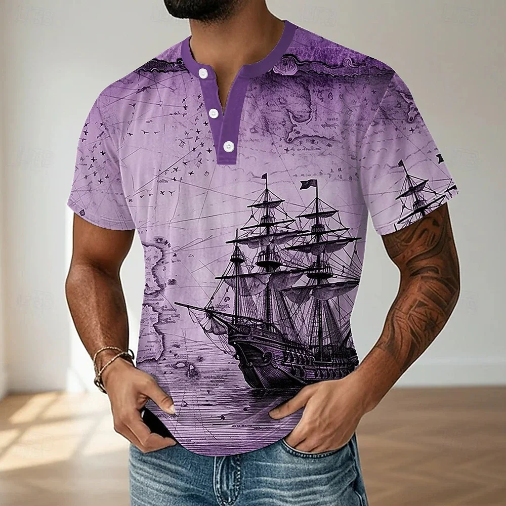 Men's Vintage Sailboat T Shirt Henley Shirt Short Sleeve Designer Retro Vintage Casual Men Clothing Camiseta Streetwear Fashion