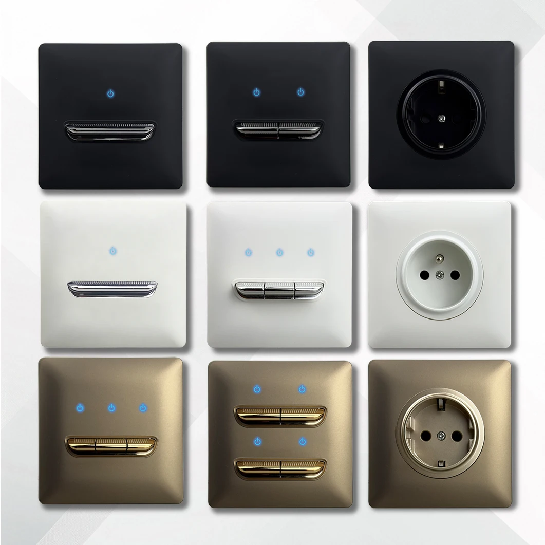 Matte Black White Gold Grey EU Plug Wall Socket 86x86mm Modern Design Curved Panel CE Certified