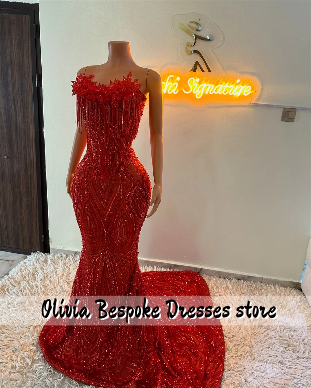 Stones Strapless Beaded Red Mermaid Evening Dresses Wedding Party Gown Aso Ebi Prom Dress African Wedding Guest Customized image 2