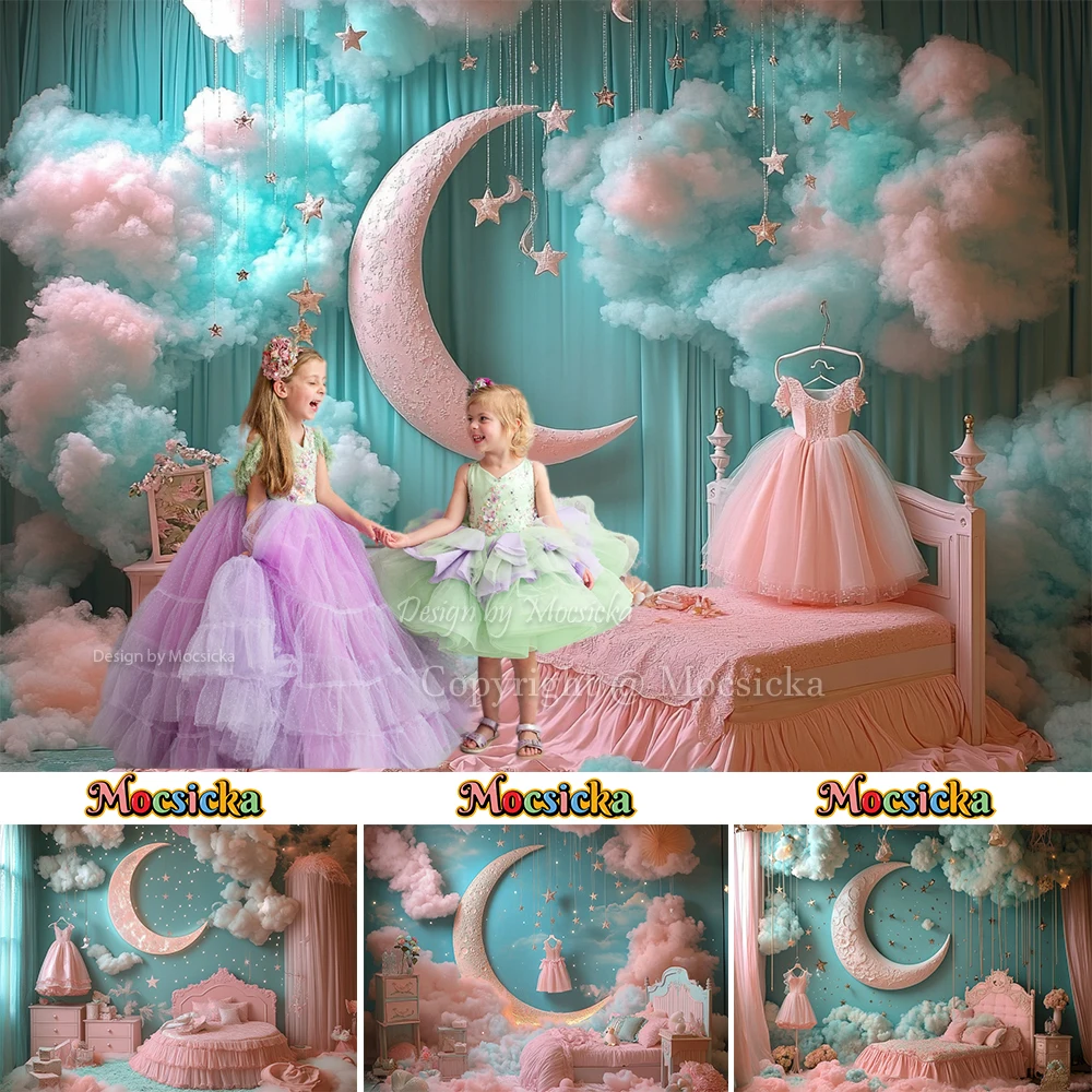 

Princess Boudoir Photography Background for Girl Birthday Party Blue Pink Smoke Moon Stars Backdrop Kids Cake Crush Photo Studio