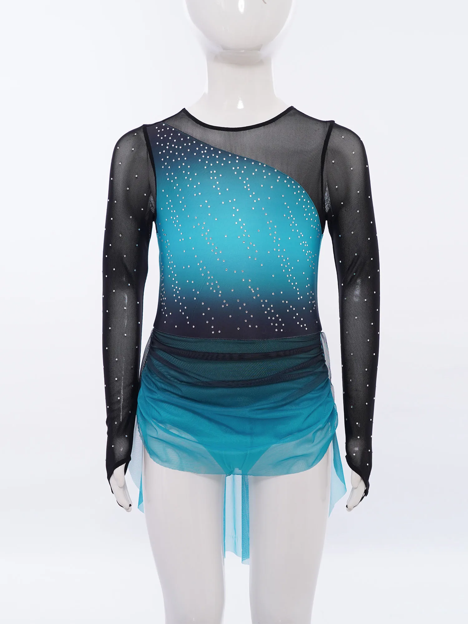 6-16Y الفتيات الشكل التزلج يوتار فستان غنائي الرقص الباليه الجمباز زي طويل الأكمام بقماش شفاف لامعة الراين توتو #3