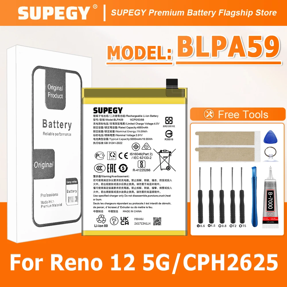 

100% New High Quality BLPA59 Battery For OPPO Reno 12 5G/CPH2625 Phone Replacement Bateria BATTERY +Free Tools