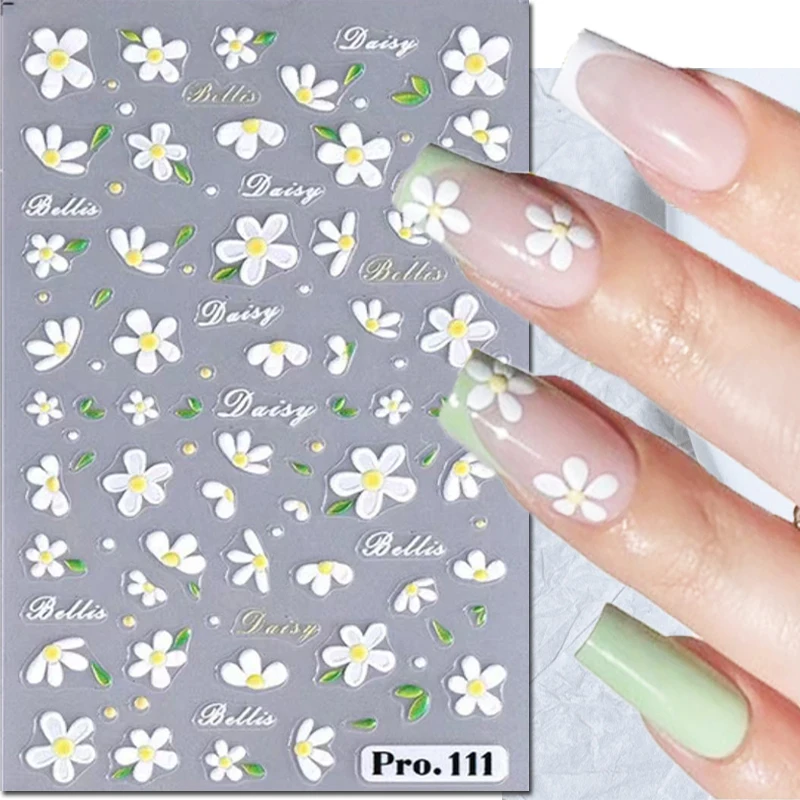 

5D Embossed Nail Art Decals Summer White Daisy Flowers Adhesive Sliders Nails Stickers Decorations For Manicure