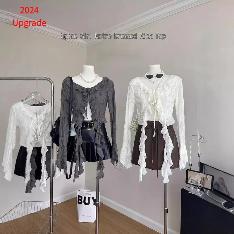 

New Vintage Hollow Out Micro Through Long Sleeve Blouse Ruffle Slim-fit Skinny-proof T-shirt Blusas De Chifon Elegantes