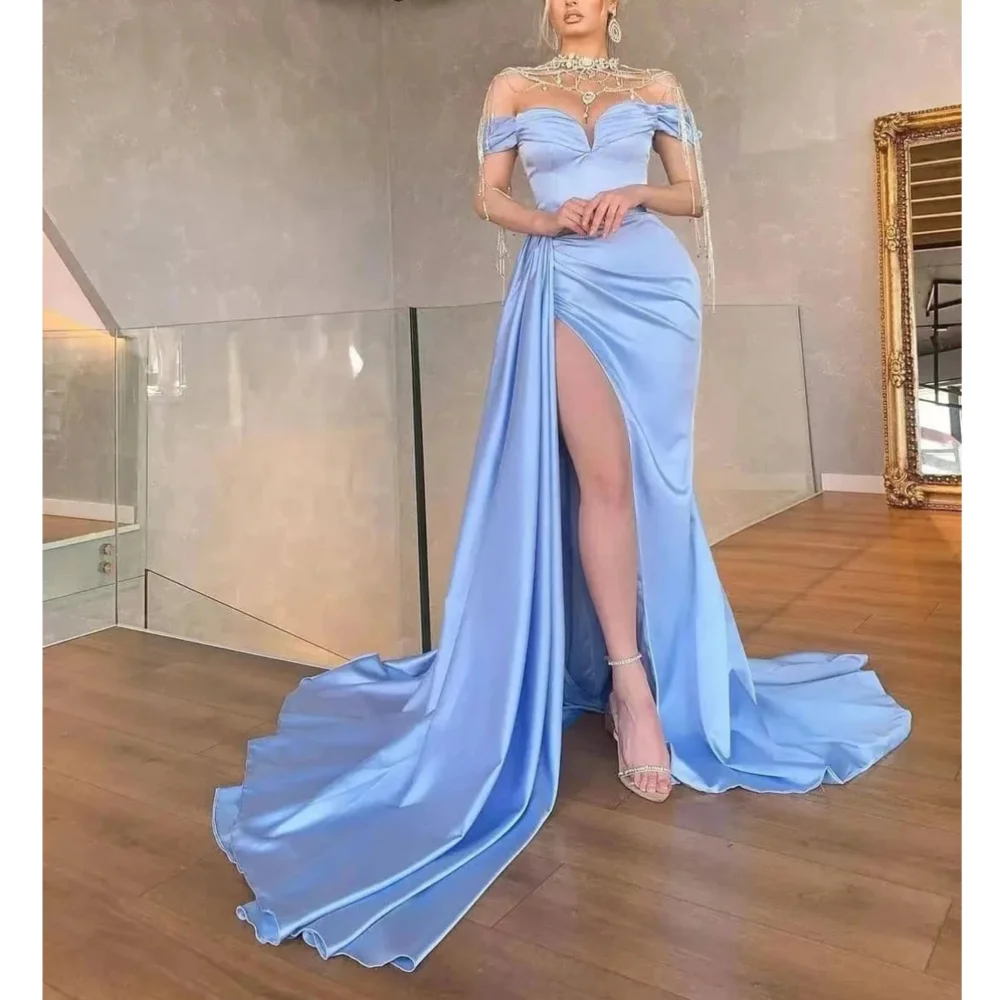 

Elegant Long Blue Off the Shoulder Satin Evening Dresses Short Sleeves with Slit Mermaid Sweep Train Robes De Soirée