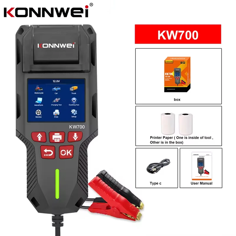 

Тестер автомобильных аккумуляторов KONNWEI KW700 12/24В, 10-2000CCA, с принтером, для проверки запуска и зарядки, анализатор аккумуляторов