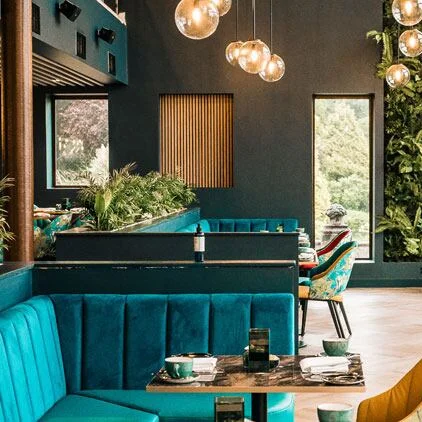 

Contemporary Design Foshan Marble Restaurant Table Stool Chair High Back Green Straight Restaurant Booth Sofa for 6 People