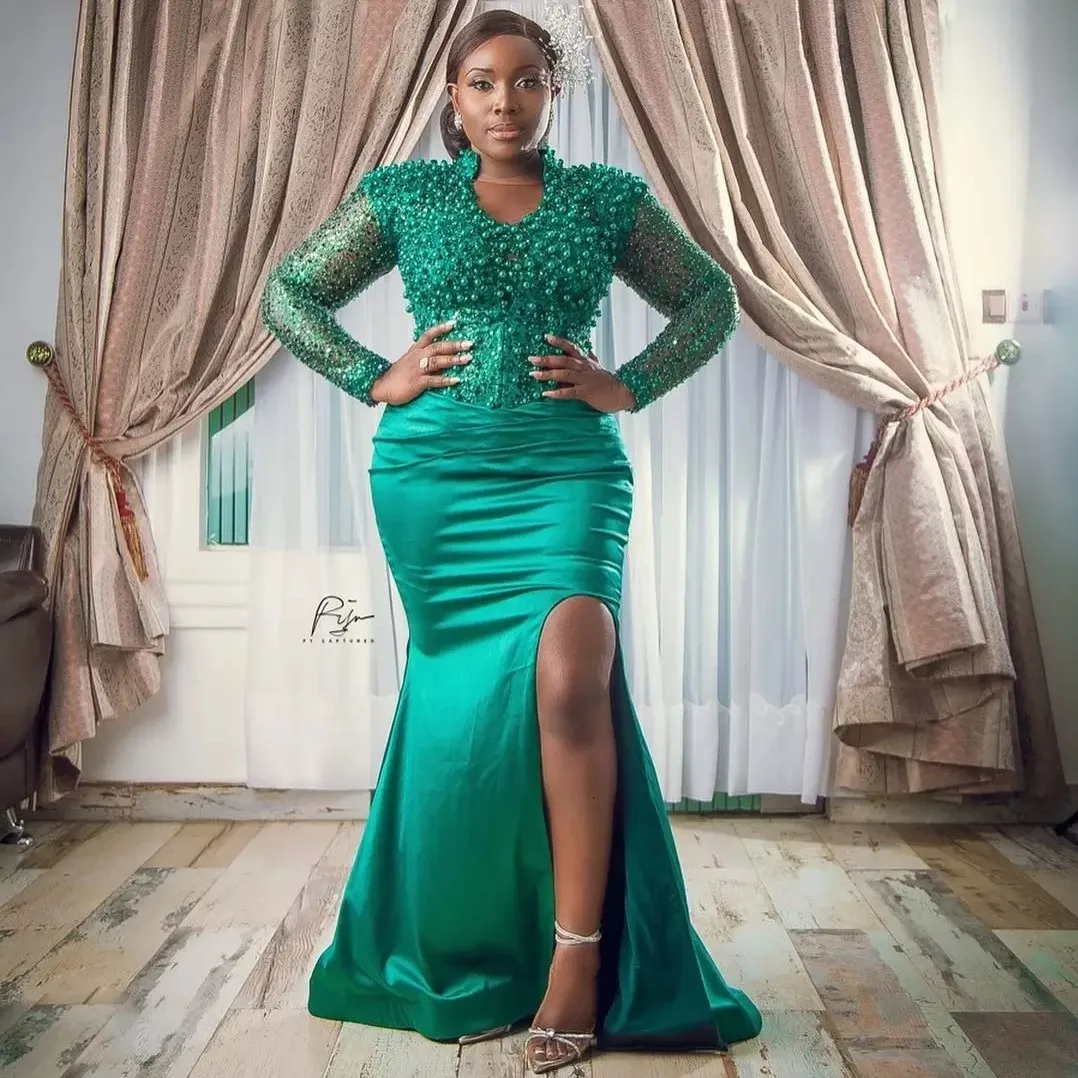 

Plus Size Mermaid Prom Birthday Dress 2025 V-neck Long Sleeves Pearls Sequin Evening Formal Gowns African Robe De Soirée