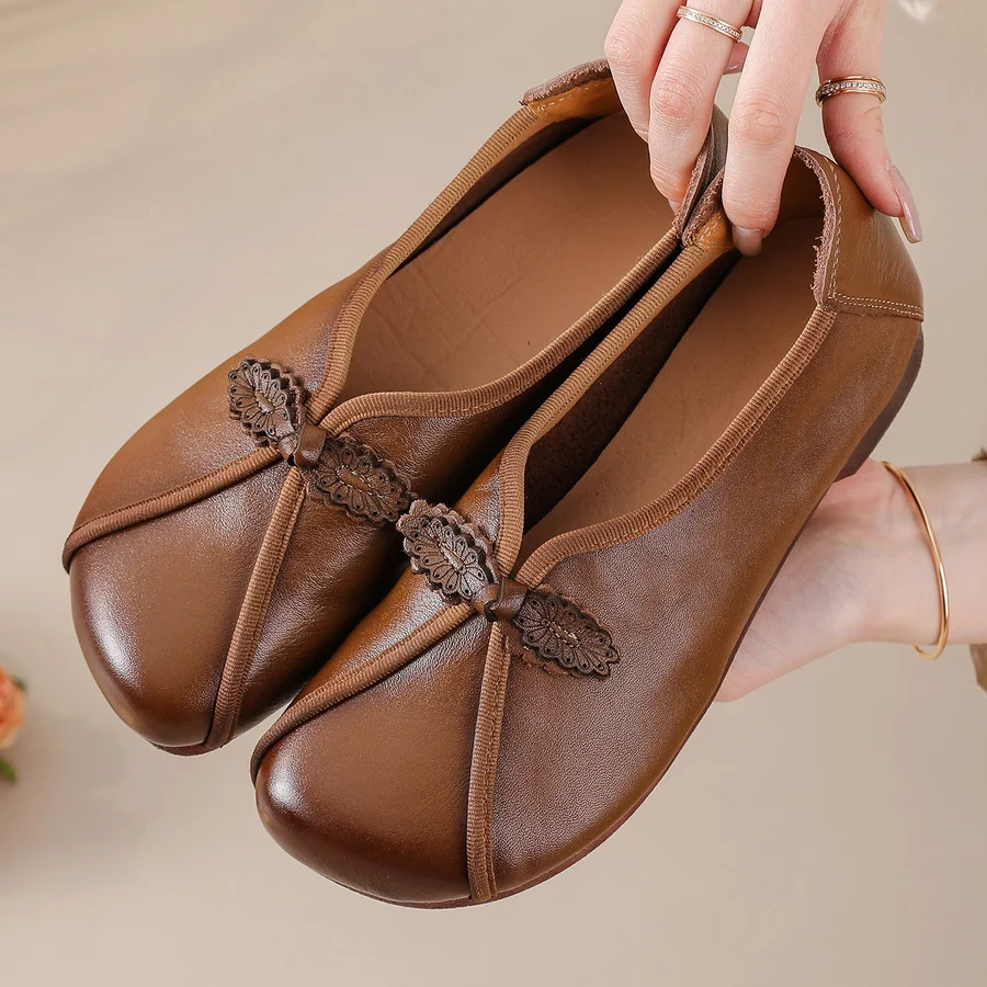 

New Boho Slip on Ballet Flats Woman Genuine Leather Loafers Ladies Elegant V cut Moccasins Middle Age Women All Day Comfort Shoe