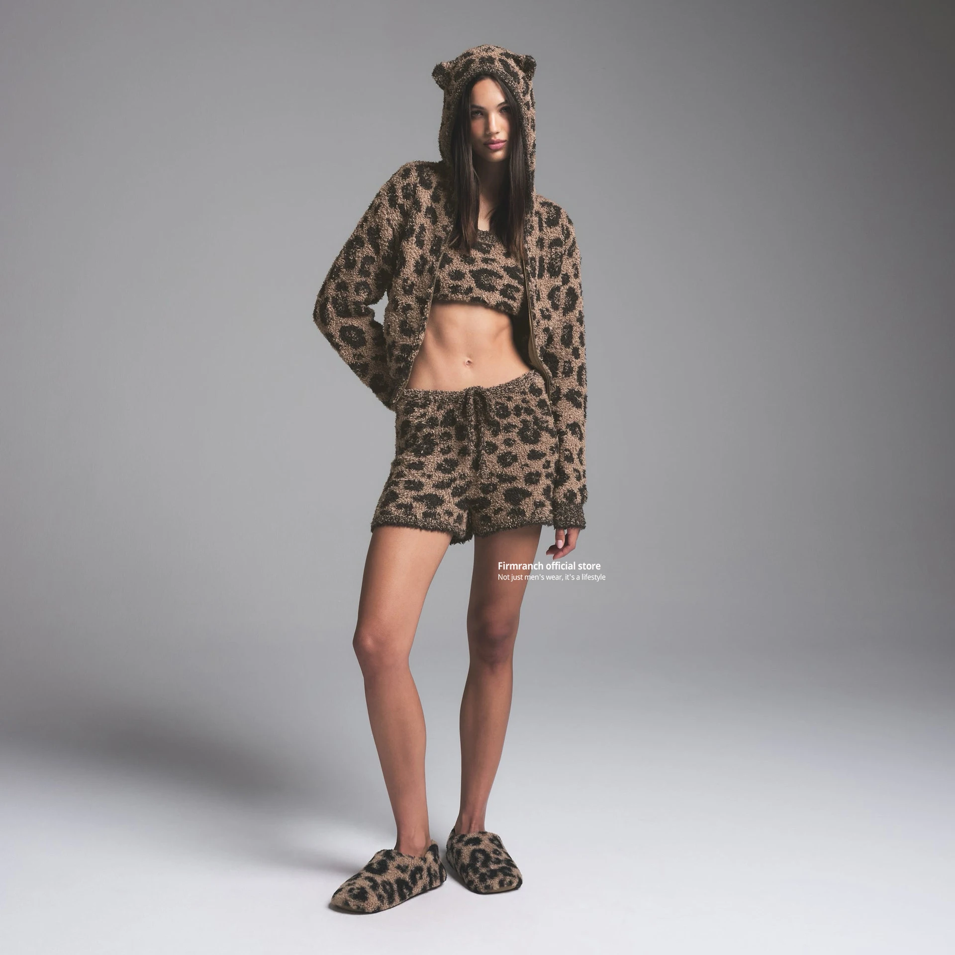 Firmranch Christmas Leopard Print Bathrobe for Women with Cat Ears Hoodie, Sexy Furry Short Jacket, Zip Up Cardigan Sweatshirt