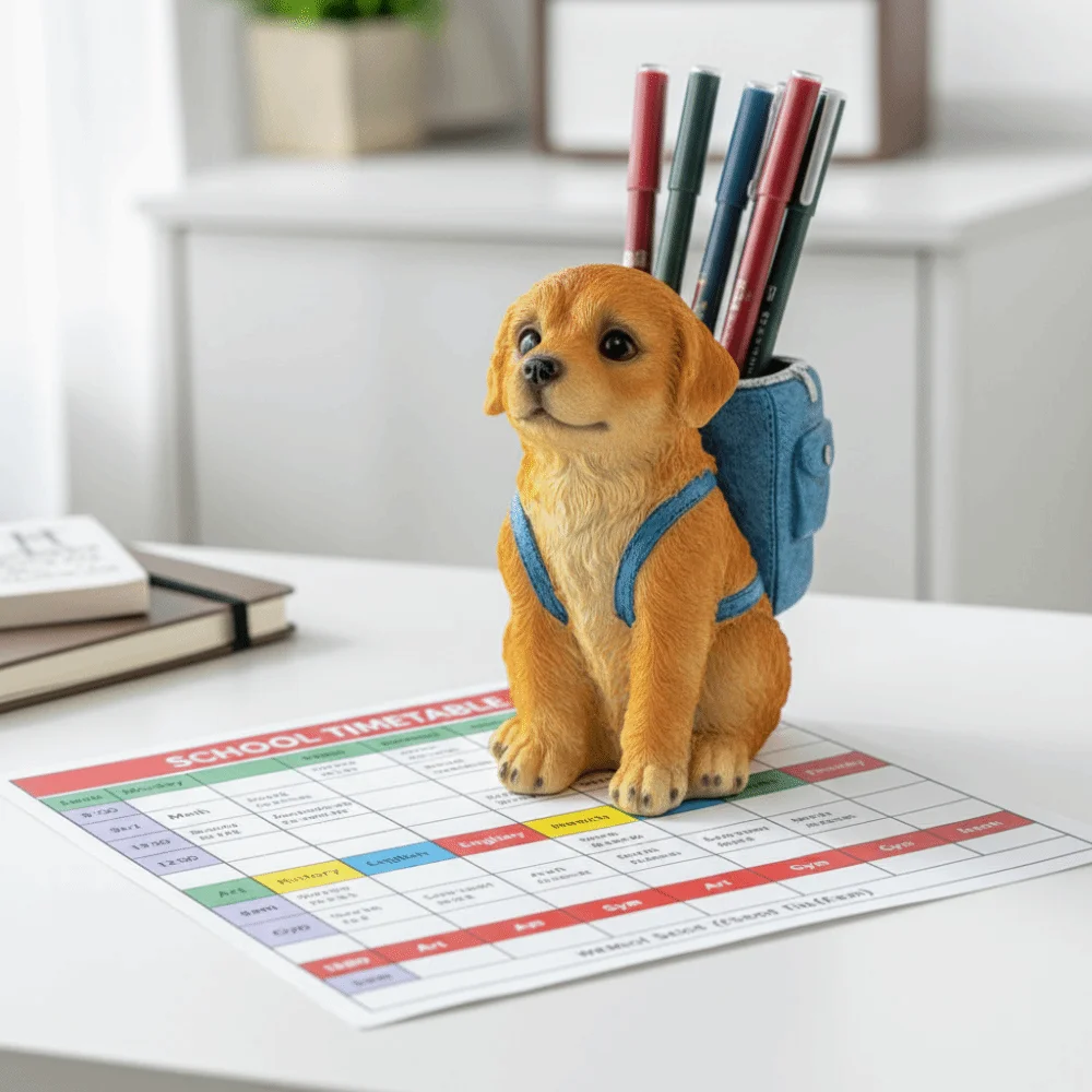 Cute Design Golden Retriever Dog Pen Holder Creative Sculpture Resin Craft Pen Holder Multi Functional Cartoon Style Pencil Cup