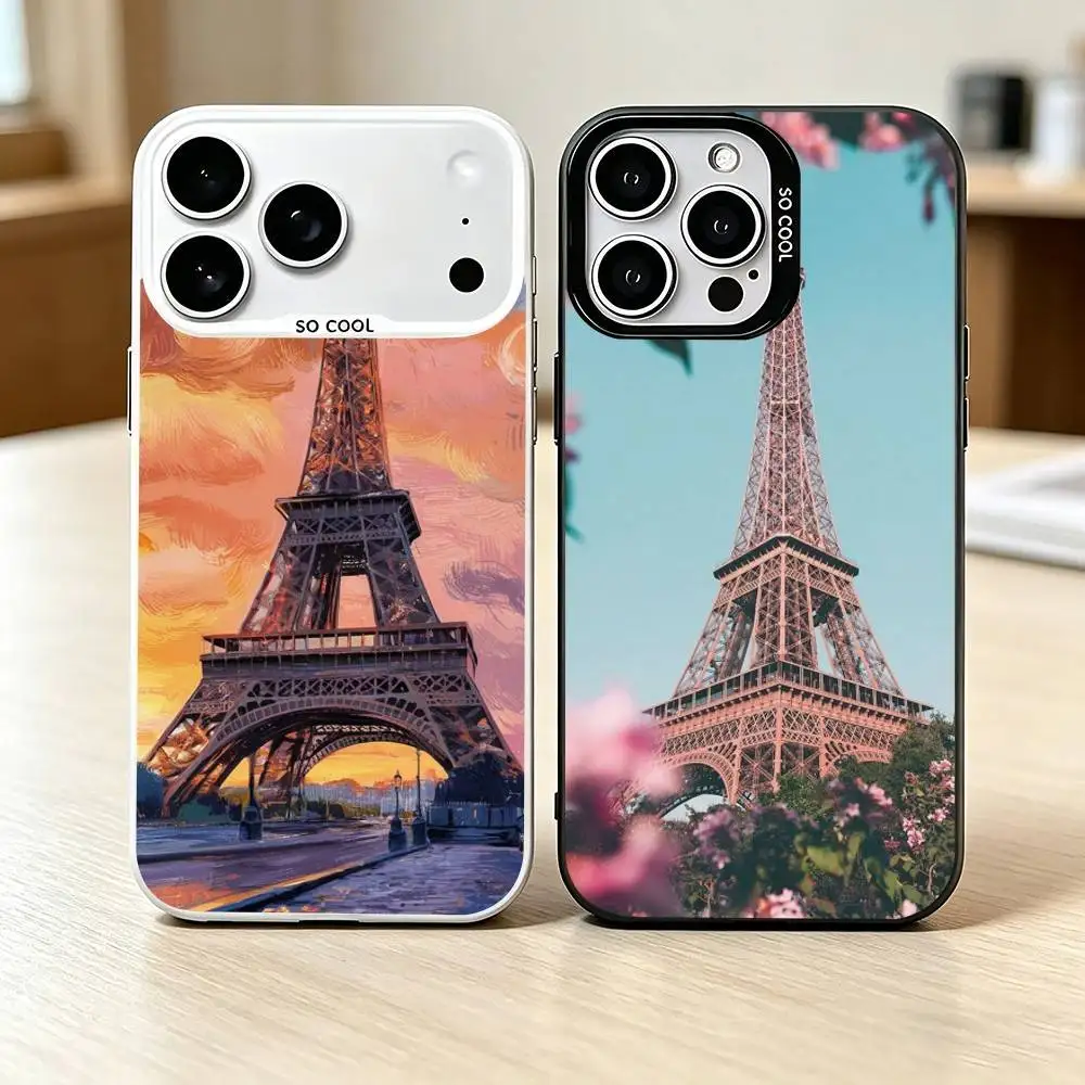 

P-Paris Art E-Eiffel Tower Phone Case For iPhone 17,16,15,14,13,12,11 Plus,Pro Max,XS,Colored Silver Plated Inside Cover